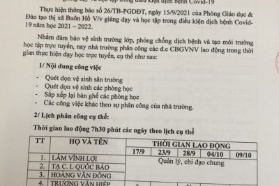 Phân công CBGVNV lao động trong thời gian dạy họcc trực tuyến 2021-2022