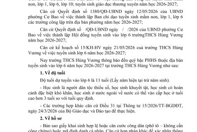 THÔNG BÁO TUYỂN SINH LỚP 6 NĂM HỌC 2026-2027